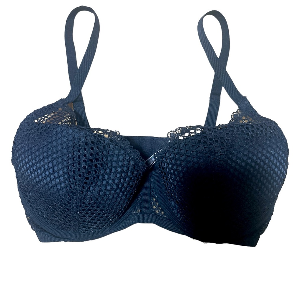 Victoria's Secret Underwire Padded Fishnet Push Up Plunge Bra Black 32DD